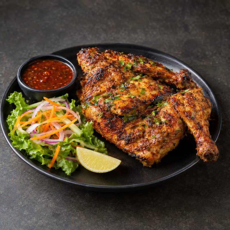 Half a grilled chicken with salad, lime and a red dipping sauce