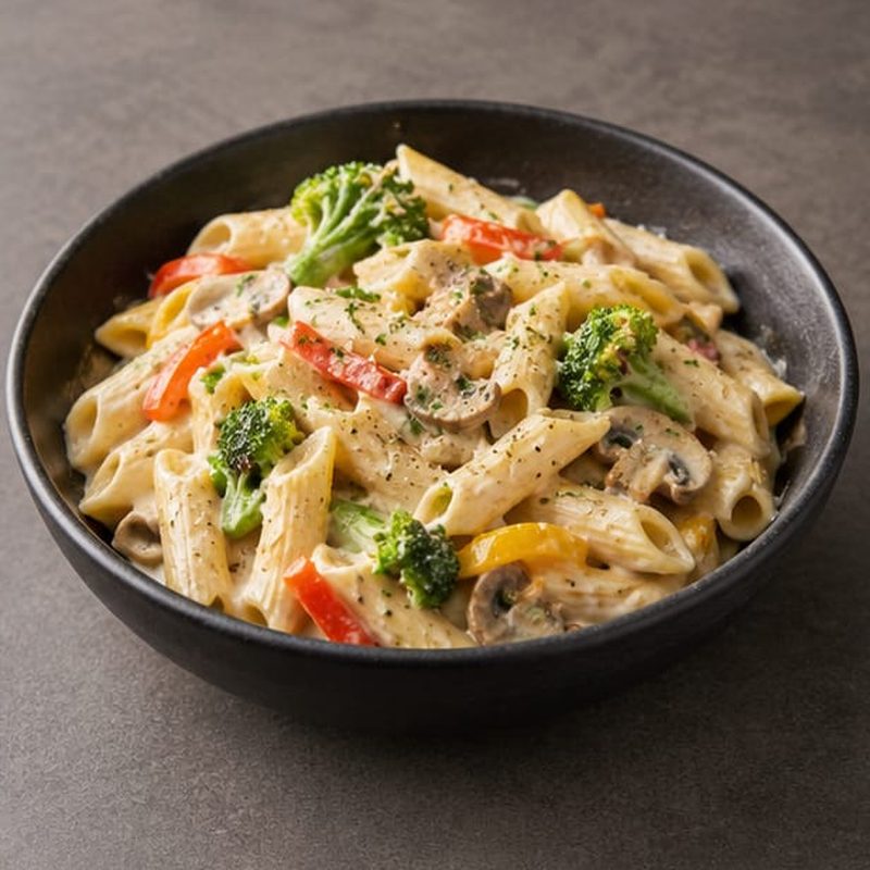 A bowl of penne pasta in white sauce with vegetables