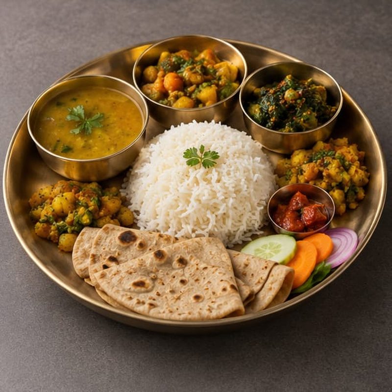 A thali with rice, dal, vegetable curries, roti and pickle